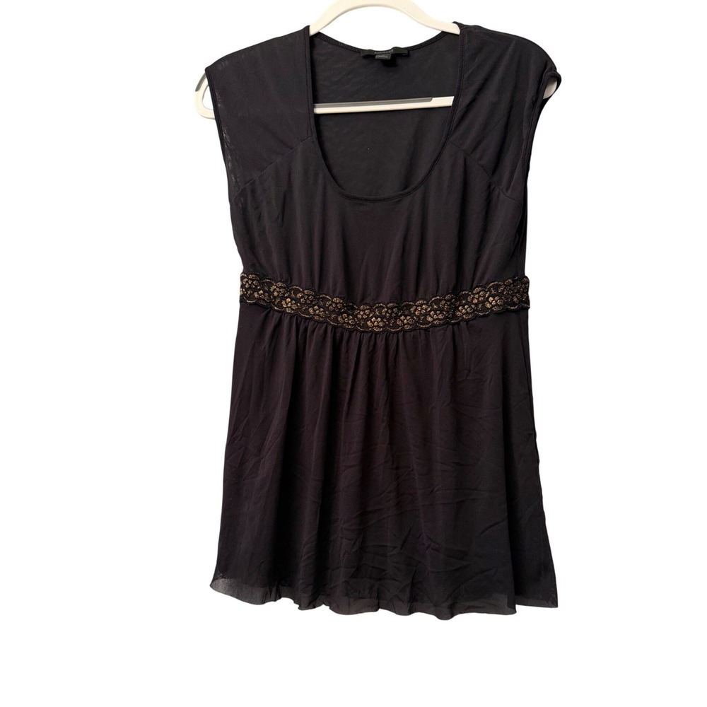 Express Black Mesh Empire Waist Babydoll Top Gold Lace Trim M Semi Sheer Witchy